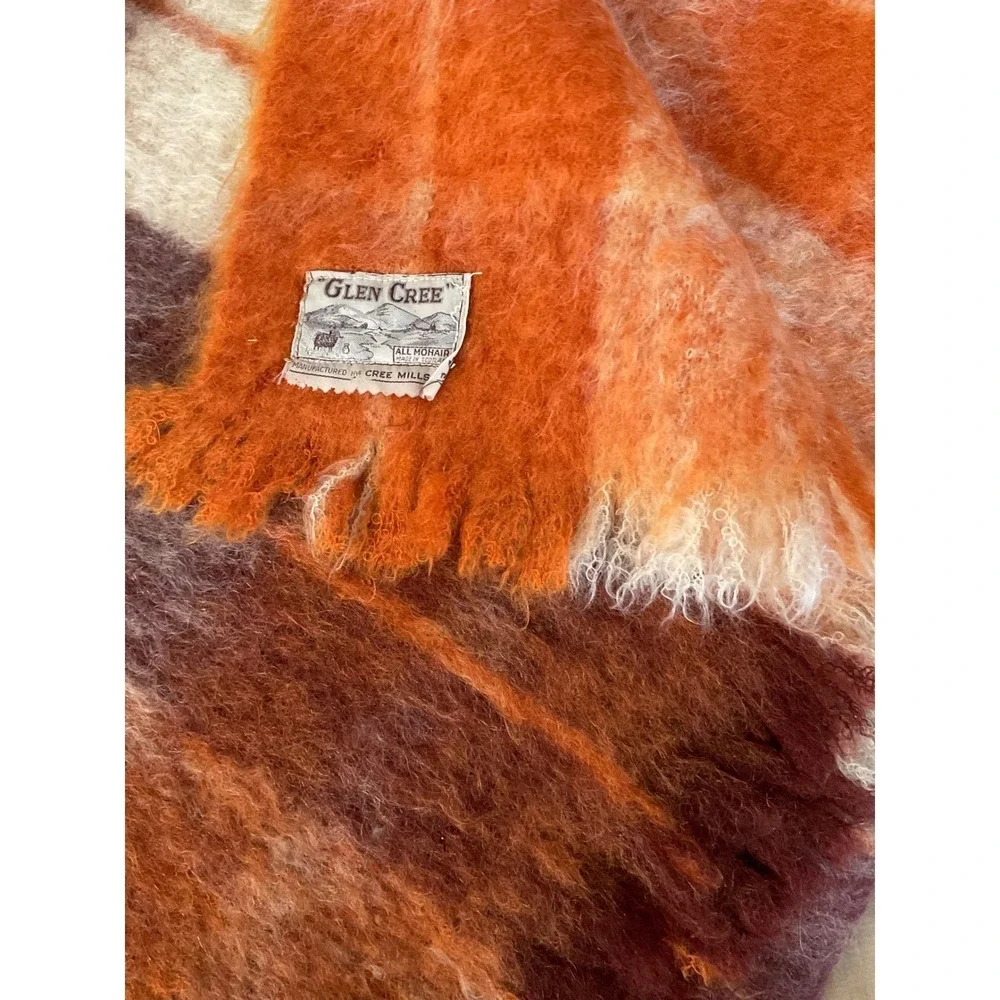 VTG Glen Cree Throw Blanket Plaid Mohair Wool Scotland Orange Burgundy Excellent